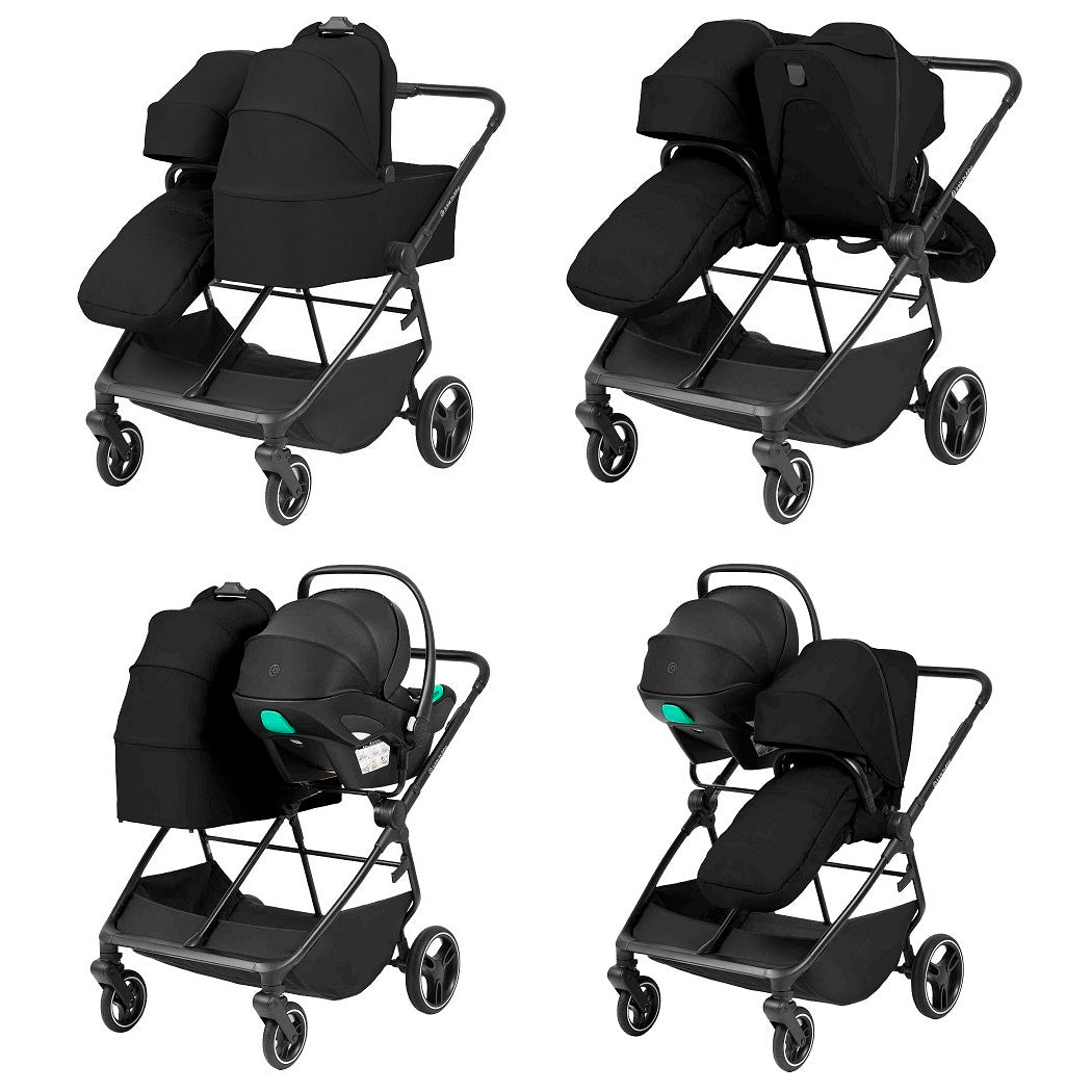 Ickle Bubba Altair Double Pushchair - Black - various configurations using the carrycot, seat unit and car seat