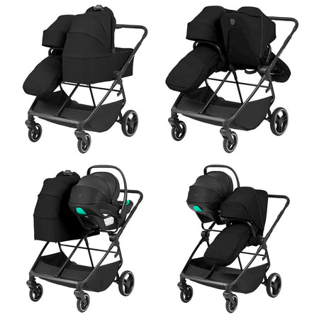 Ickle Bubba Altair Double Pushchair - Black - various configurations using the carrycot, seat unit and car seat