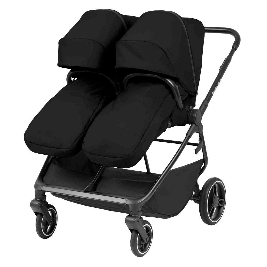 Ickle Bubba Altair Double Stroller - Black - forward-facing with footmuffs