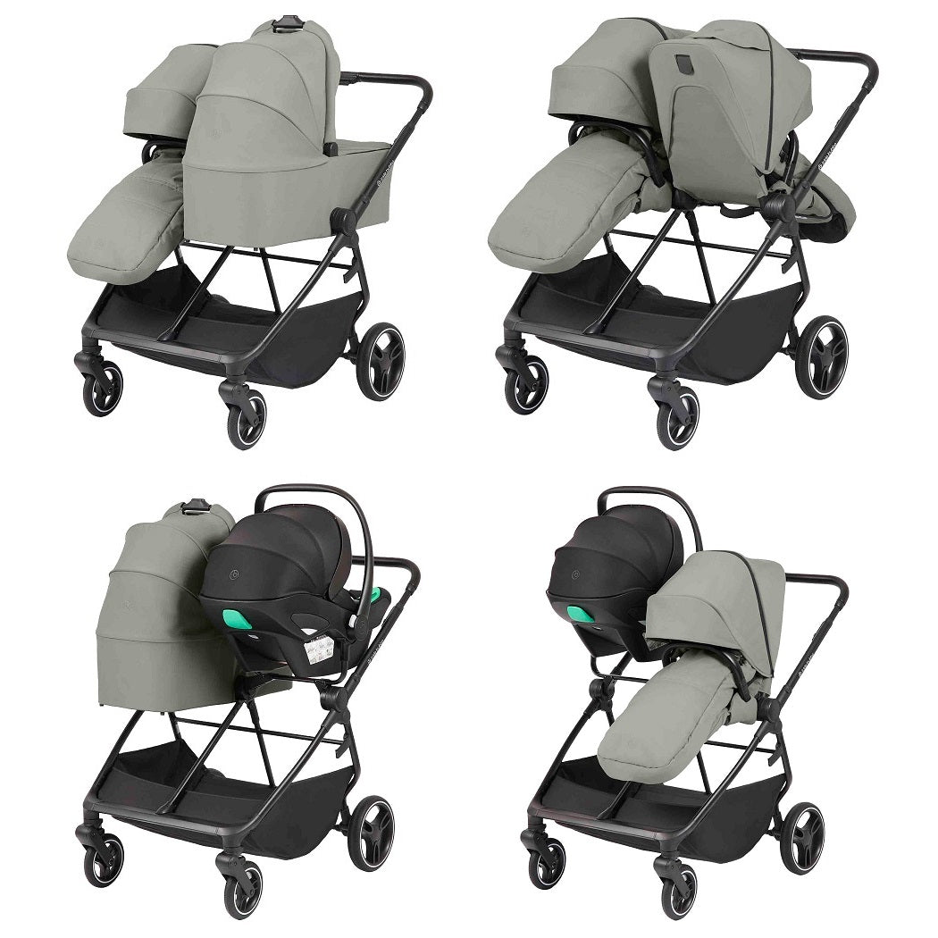Ickle Bubba Altair Double Pushchair - Laurel Green - various configurations using the carrycot, seat unit and car seat