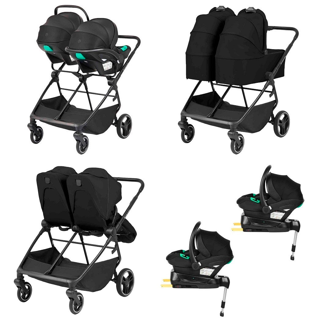 Ickle Bubba Altair Double Pushchair - Black - various configurations using two carrycots, seat units and car seats