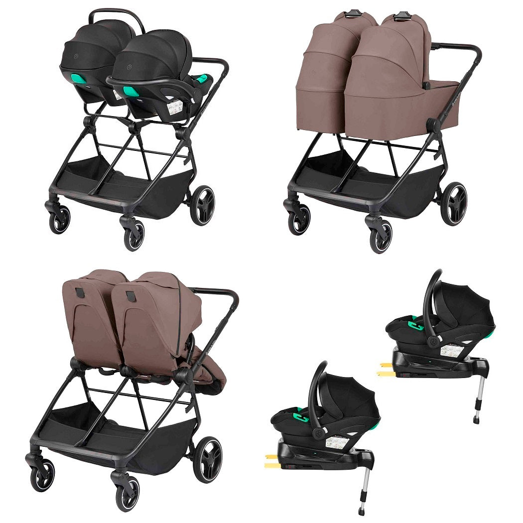Ickle Bubba Altair Double Pushchair - Mink - various configurations using two carrycots, seat units and car seats