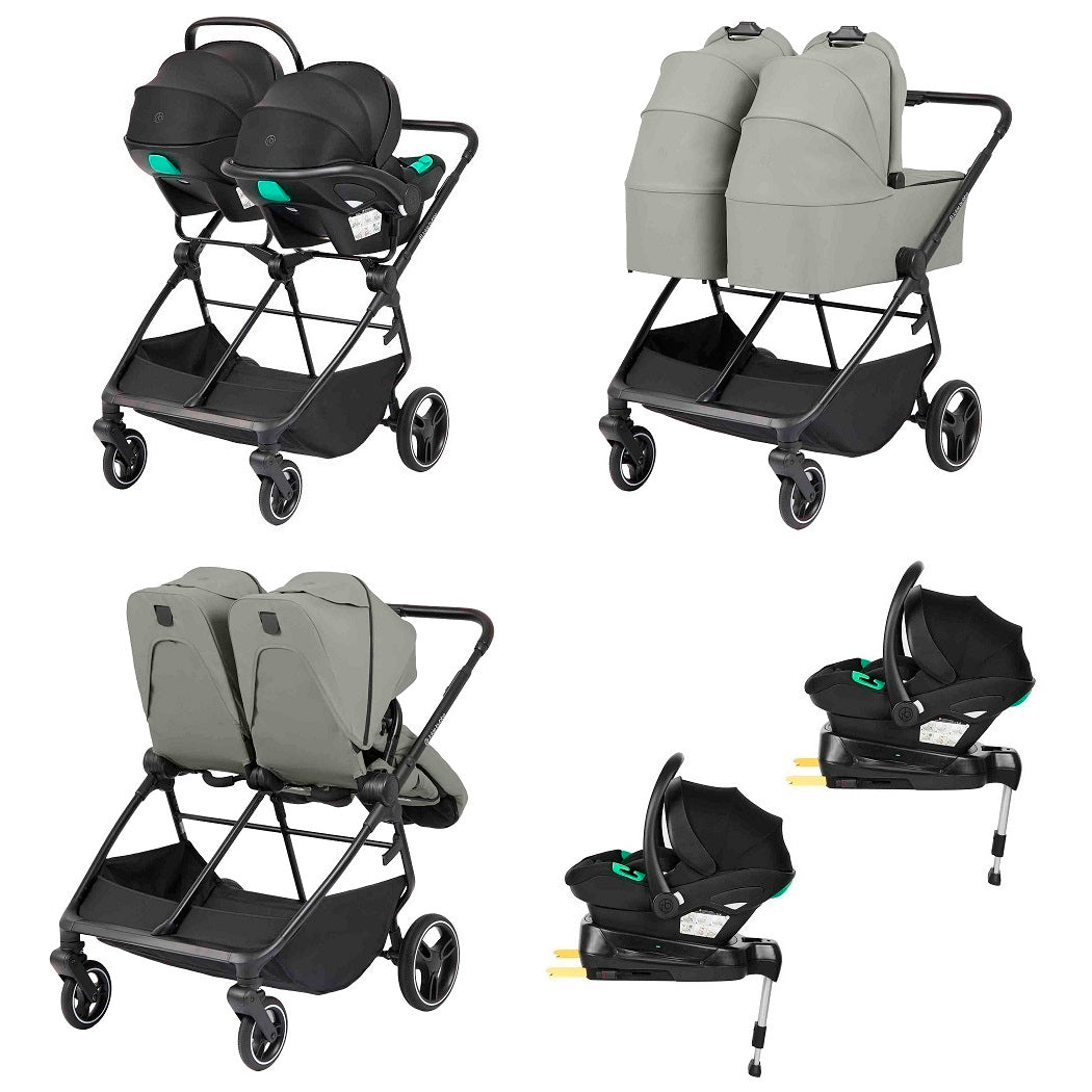 Ickle Bubba Altair Double Pushchair - Laurel Green - various configurations using two carrycots, seat units and car seats