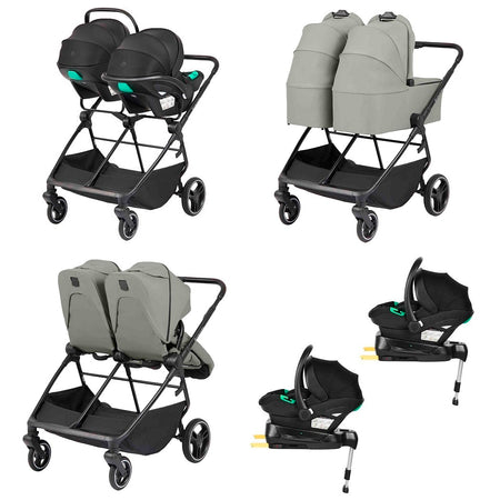 Ickle Bubba Altair Double Pushchair - Laurel Green - various configurations using two carrycots, seat units and car seats