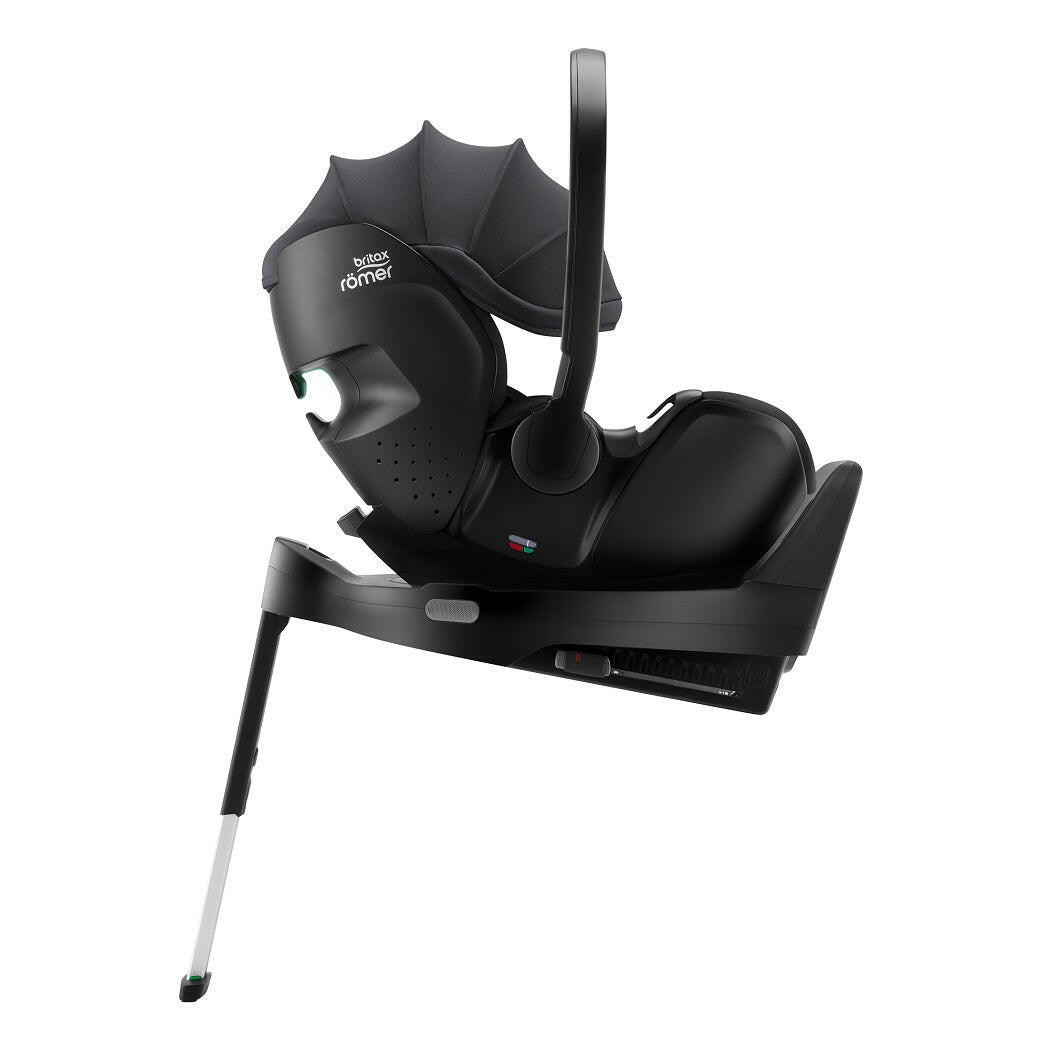 Britax Baby-Safe PRO i-Size Car Seat - Midnight Grey - side view, fitted to optional ISOFIX base