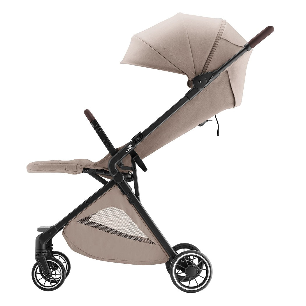 Britax Tira Lightweight Stroller - Teak - side view, with seat reclined