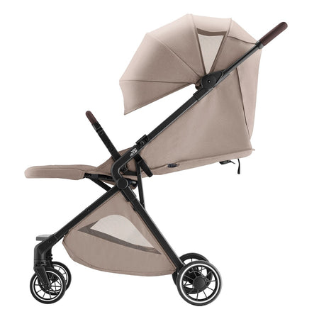 Britax Tira Lightweight Stroller - Teak - side view, with hood extended showing ventilation panel and leg rest raised