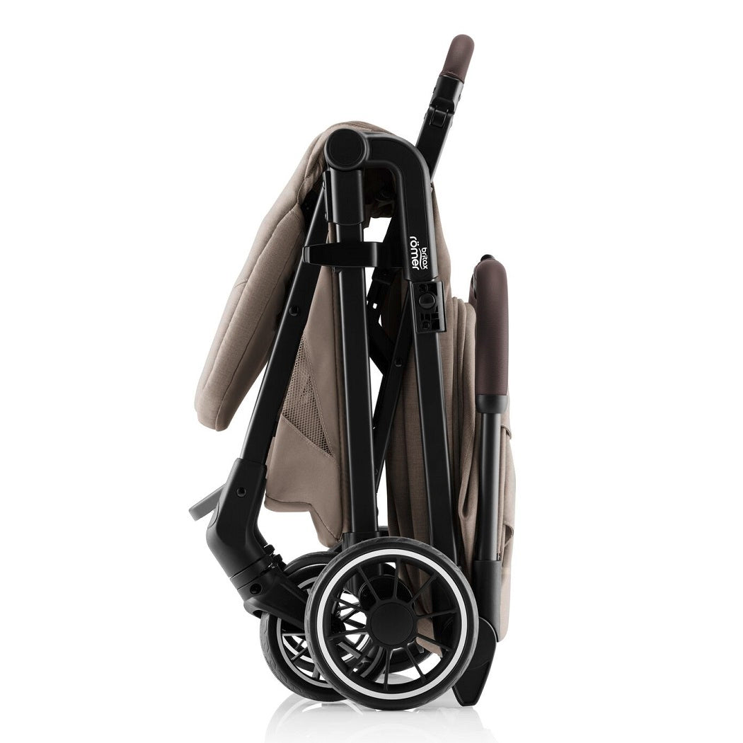Britax Tira Lightweight Stroller - Teak - side view, folded and free-standing