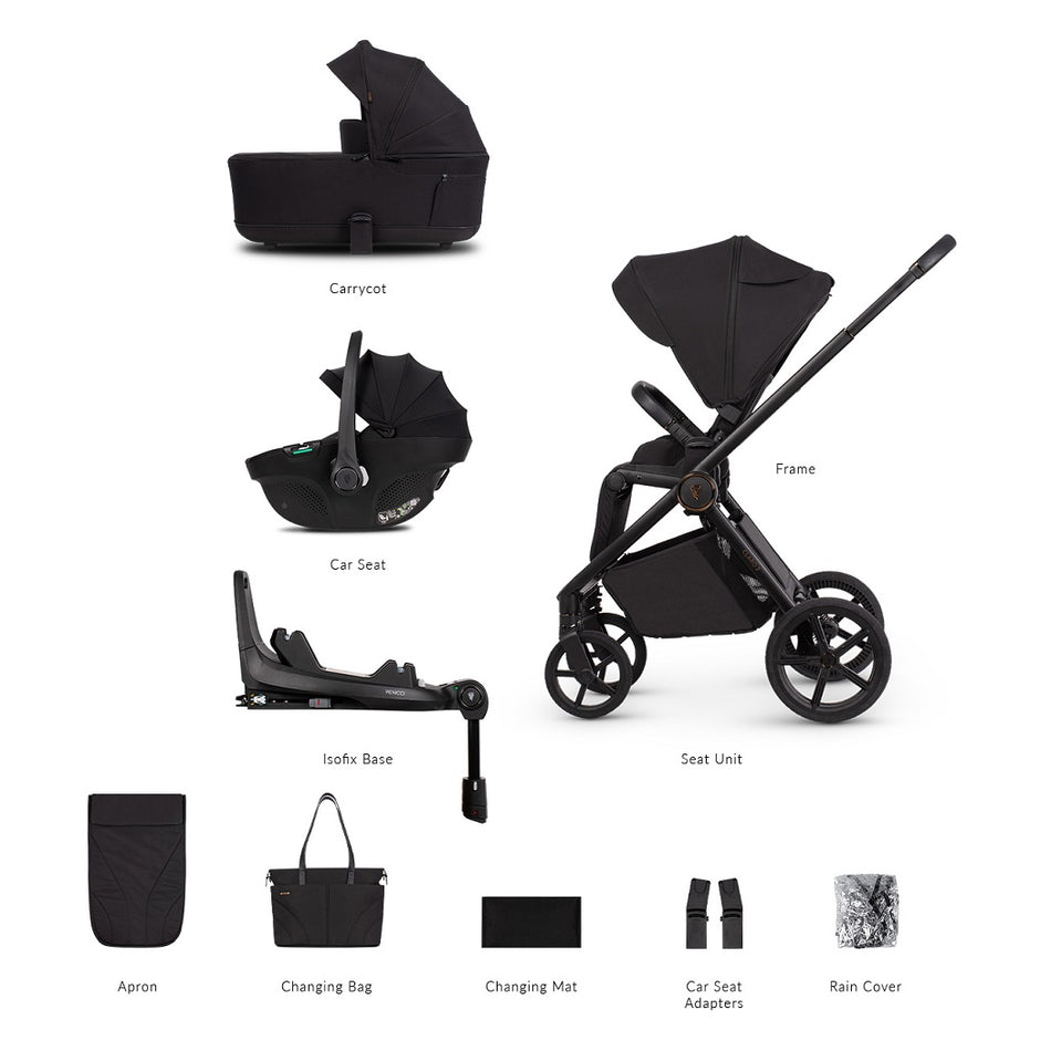 Venicci Claro 2 Noir 3-in-1 travel system including pram, pushchair, car seat, ISOFIX base, changing bag and accessories