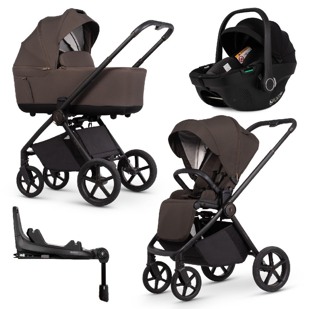 Venicci Claro 2 pram and forward-facing pushchair with car seat and ISOFIX base in Chocolate
