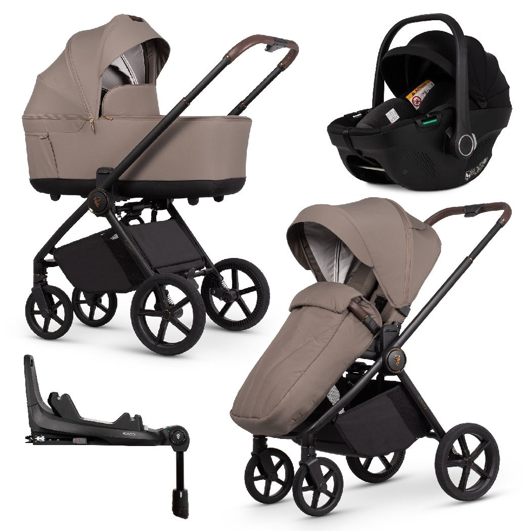 Venicci Claro 2 pram and forward-facing pushchair with car seat and ISOFIX base in Almond