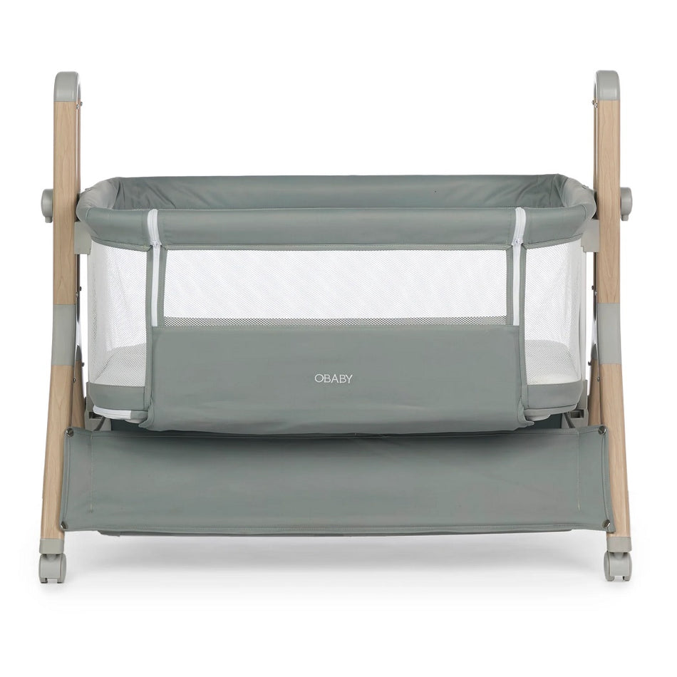 Obaby Cloud Bedside Crib - Sage - front view and lowered