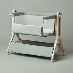 Obaby Cloud Bedside Crib - Sage - lifestyle image with lowered panel