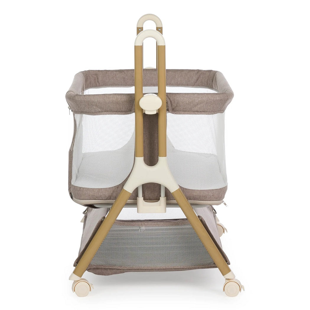 Obaby Cloud Bedside Crib - Nutmeg - end view and lowered