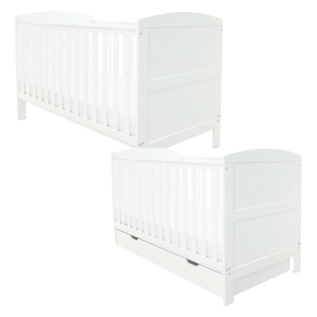 Ickle Bubba Coleby Classic Cot Bed - White - front view, with and without under drawer