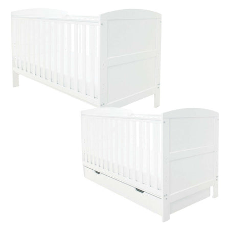 Ickle Bubba Coleby Classic Cot Bed - White - front view, with and without under drawer