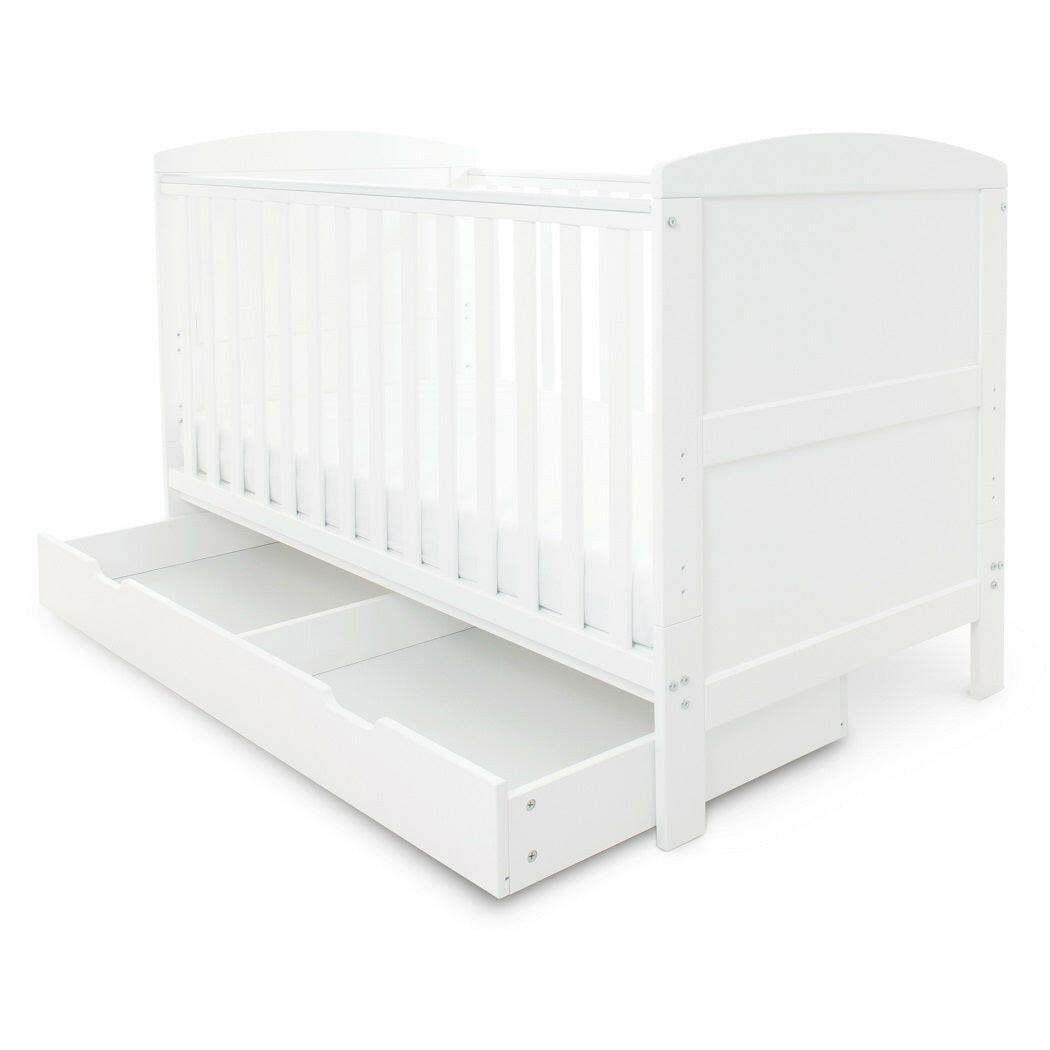 Ickle Bubba Coleby Classic Cot Bed & Under Drawer - White - front view, with drawer pulled forward