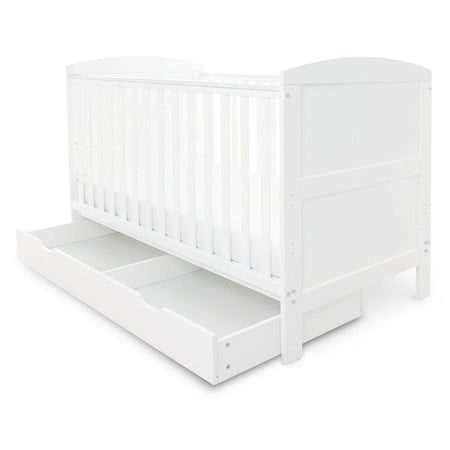 Ickle Bubba Coleby Classic Cot Bed & Under Drawer - White - front view, with drawer pulled forward