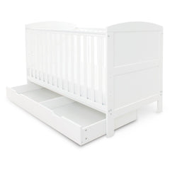 Ickle Bubba Coleby Classic Cot Bed & Under Drawer - White - front view, with drawer pulled forward