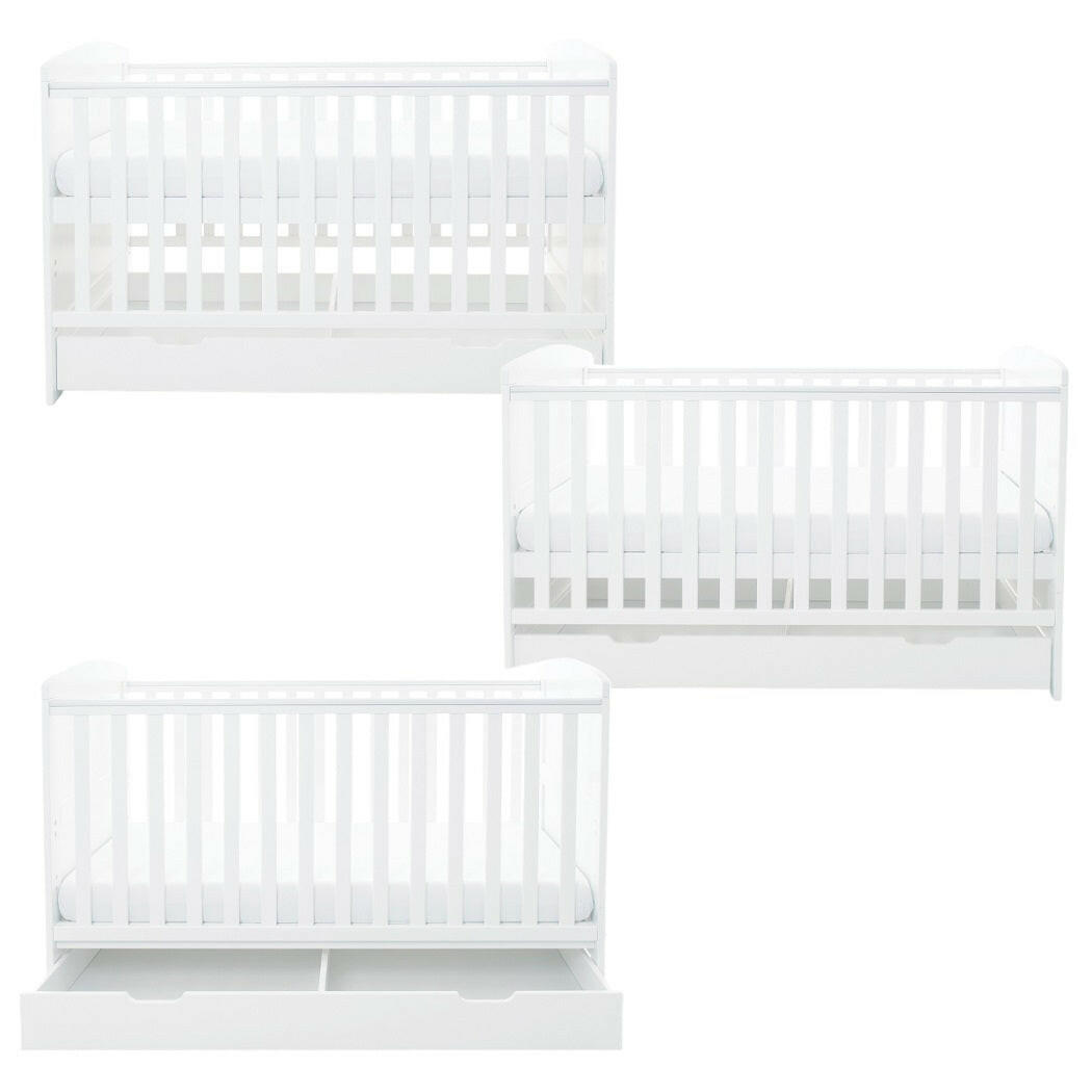 Ickle Bubba Coleby Classic Cot Bed & Under Drawer - White - side views, all three mattress heights