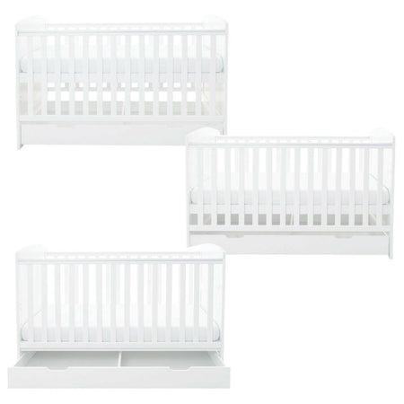 Ickle Bubba Coleby Classic Cot Bed & Under Drawer - White - side views, all three mattress heights