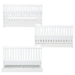 Ickle Bubba Coleby Classic Cot Bed & Under Drawer - White - side views, all three mattress heights