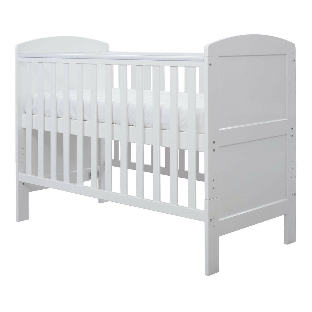 Ickle Bubba Coleby MINI Cot Bed - White - quarter view, mattress base at highest level
