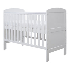 Ickle Bubba Coleby MINI Cot Bed - White - quarter view, mattress base at highest level