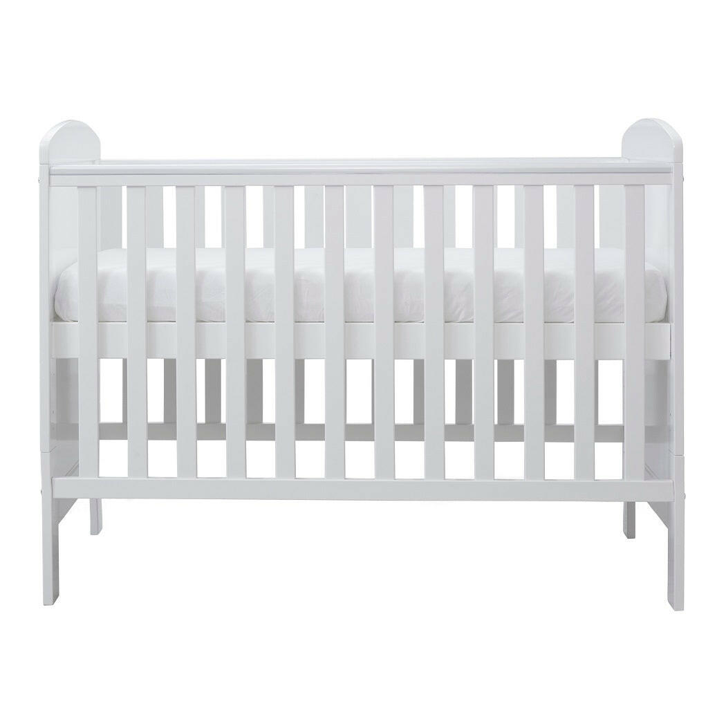 Ickle Bubba Coleby MINI Cot Bed - White - side view, mattress base at highest level