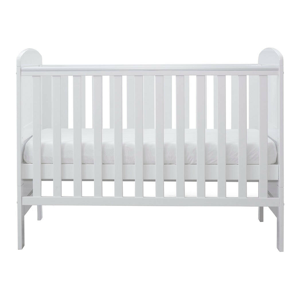 Ickle Bubba Coleby MINI Cot Bed - White - side view, mattress base at middle level