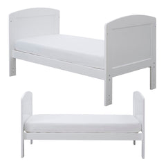 Ickle Bubba Coleby MINI Cot Bed - White - front and side views, toddler/junior bed