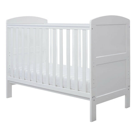 Ickle Bubba Coleby MINI Cot Bed - White - quarter view, mattress base at lowest level