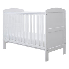 Ickle Bubba Coleby MINI Cot Bed - White - quarter view, mattress base at lowest level