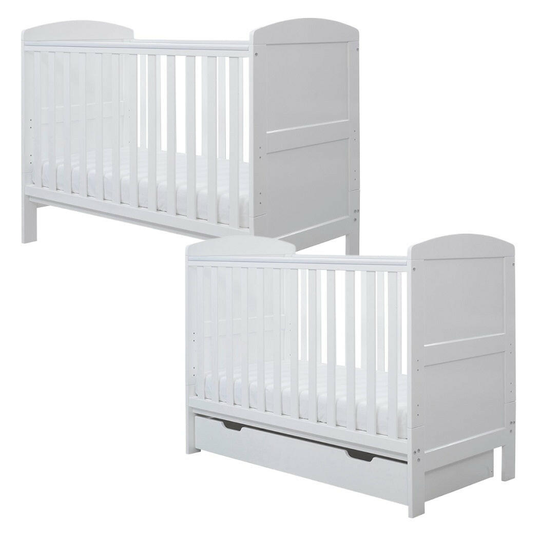 Ickle Bubba Coleby MINI Cot Bed - White - quarter view, with and without under drawer