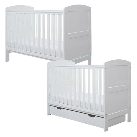 Ickle Bubba Coleby MINI Cot Bed - White - quarter view, with and without under drawer