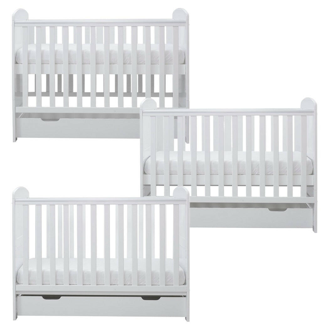 Ickle Bubba Coleby MINI Cot Bed & Under Drawer - White - side views, mattress base at all three levels