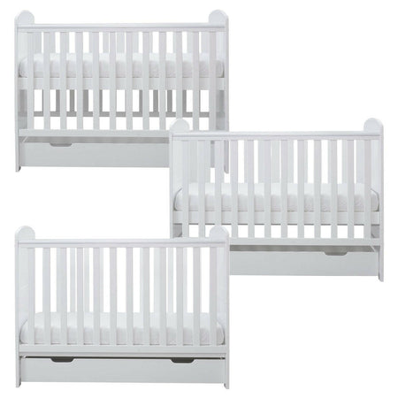 Ickle Bubba Coleby MINI Cot Bed & Under Drawer - White - side views, mattress base at all three levels