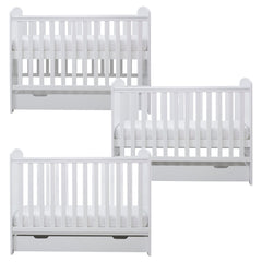 Ickle Bubba Coleby MINI Cot Bed & Under Drawer - White - side views, mattress base at all three levels