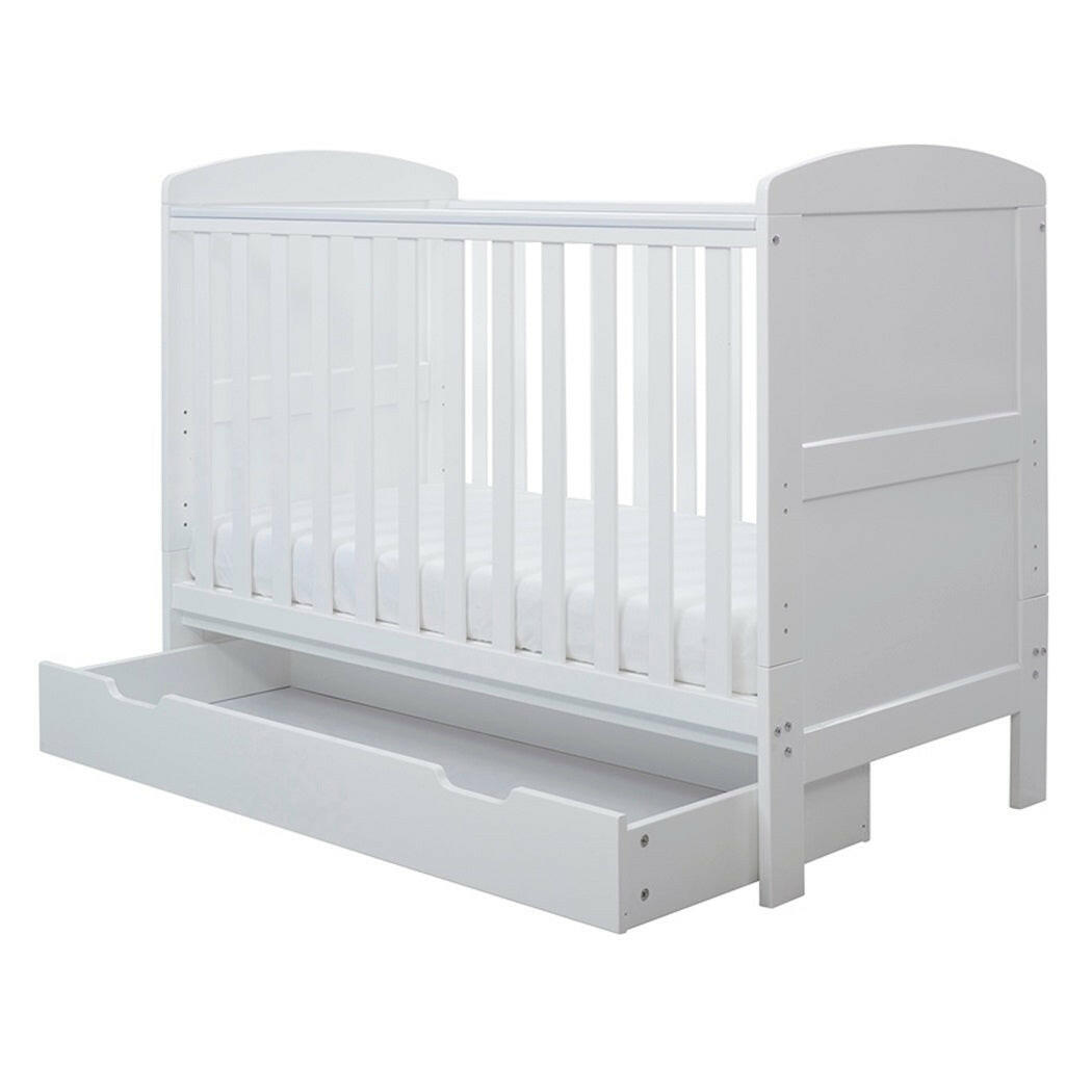 Ickle Bubba Coleby MINI Cot Bed & Under Drawer - White - quarter view (mattress not included, available separately)