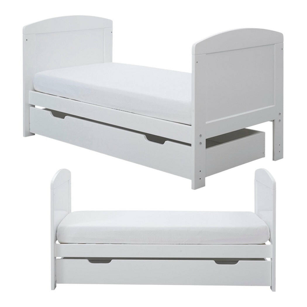 Ickle Bubba Coleby MINI Cot Bed & Under Drawer - White - quarter and side views, toddler/junior bed