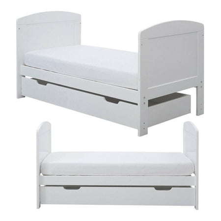 Ickle Bubba Coleby MINI Cot Bed & Under Drawer - White - quarter and side views, toddler/junior bed