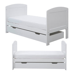 Ickle Bubba Coleby MINI Cot Bed & Under Drawer - White - quarter and side views, toddler/junior bed