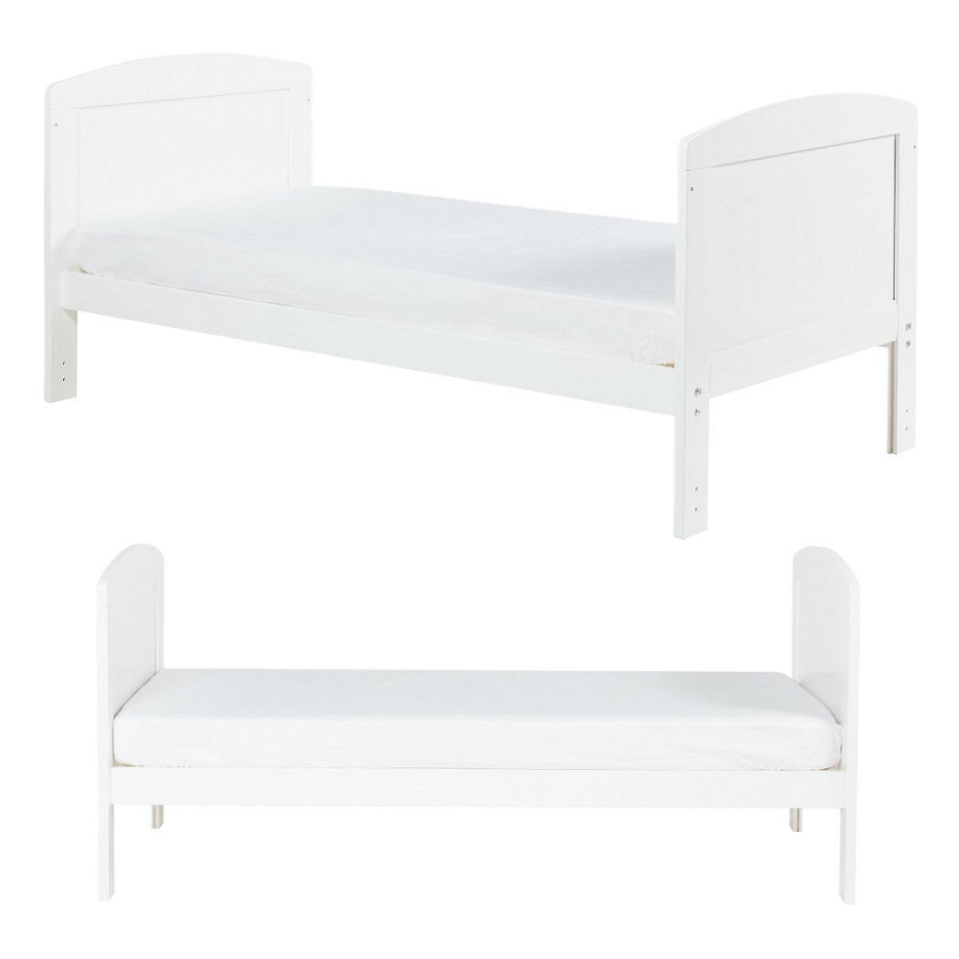 Ickle Bubba Coleby Scandi Classic Cot Bed - White - front and side views, junior bed