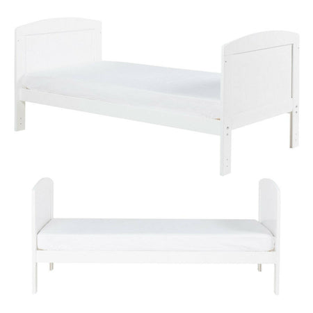 Ickle Bubba Coleby Scandi Classic Cot Bed - White - front and side views, junior bed