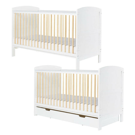 Ickle Bubba Coleby Scandi Classic Cot Bed - White - front view, with and without under drawer
