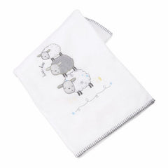 Silvercloud Counting Sheep 3 Piece Bedding Bale (Night Night Sleep Tight) - showing the fleece blanket with its stitching details and embroidered applique
