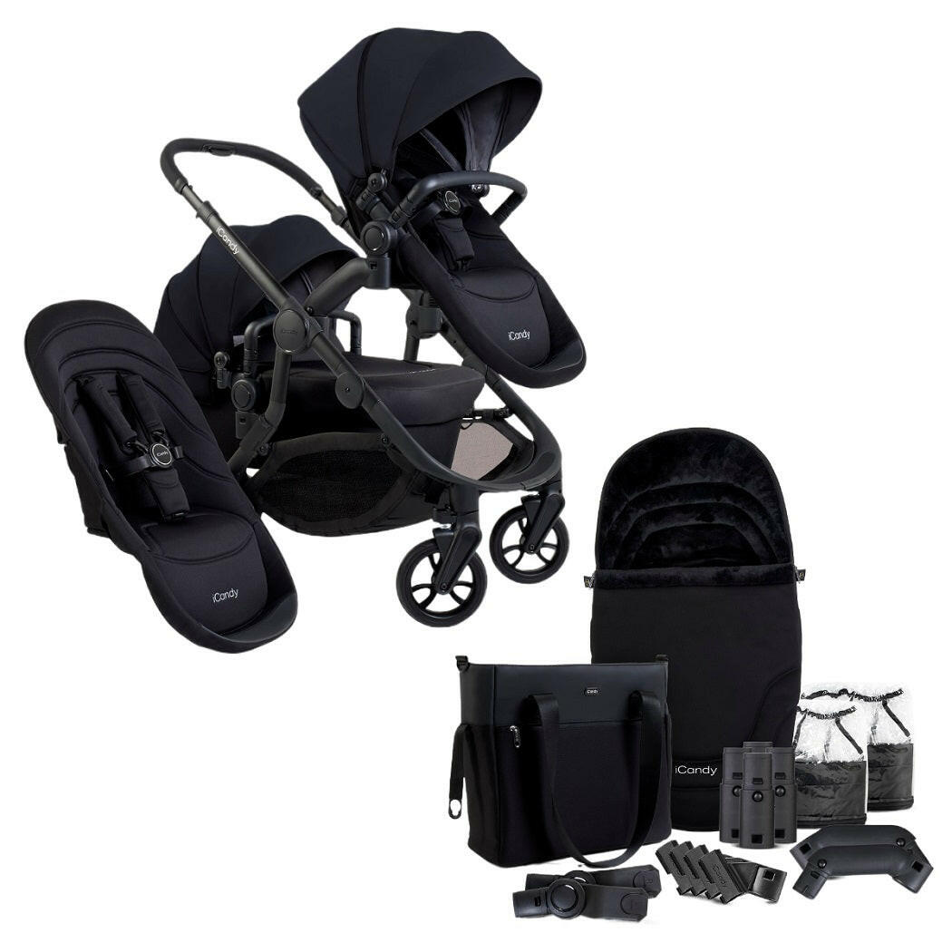 iCandy Orange 4 Double Bundle - Black Edition - showing the pram pushchair with second seat fabric and included accessories