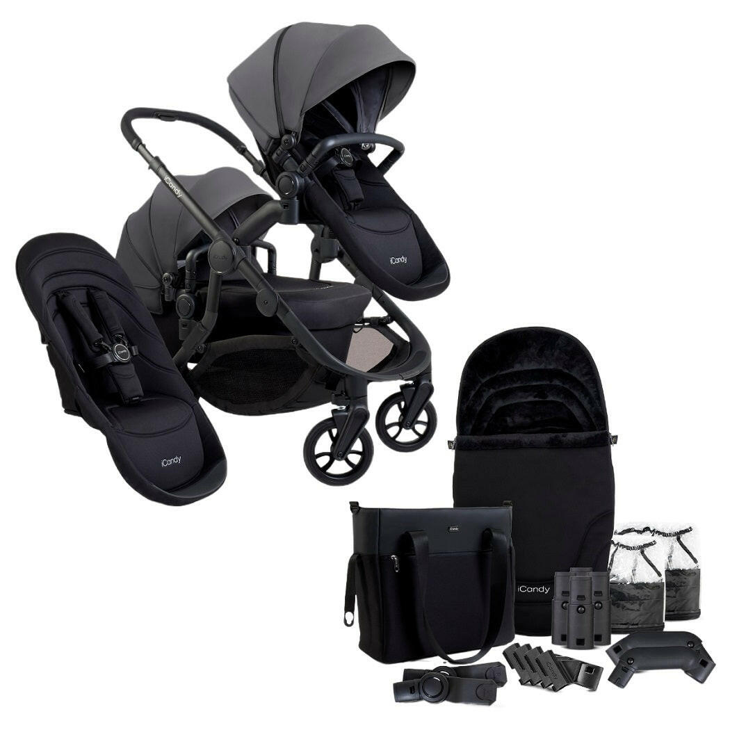 iCandy Orange 4 Double Bundle - Fossil - showing the pram pushchair with second seat fabric and included accessories