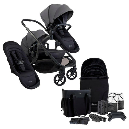 iCandy Orange 4 Double Bundle - Fossil - showing the pram pushchair with second seat fabric and included accessories
