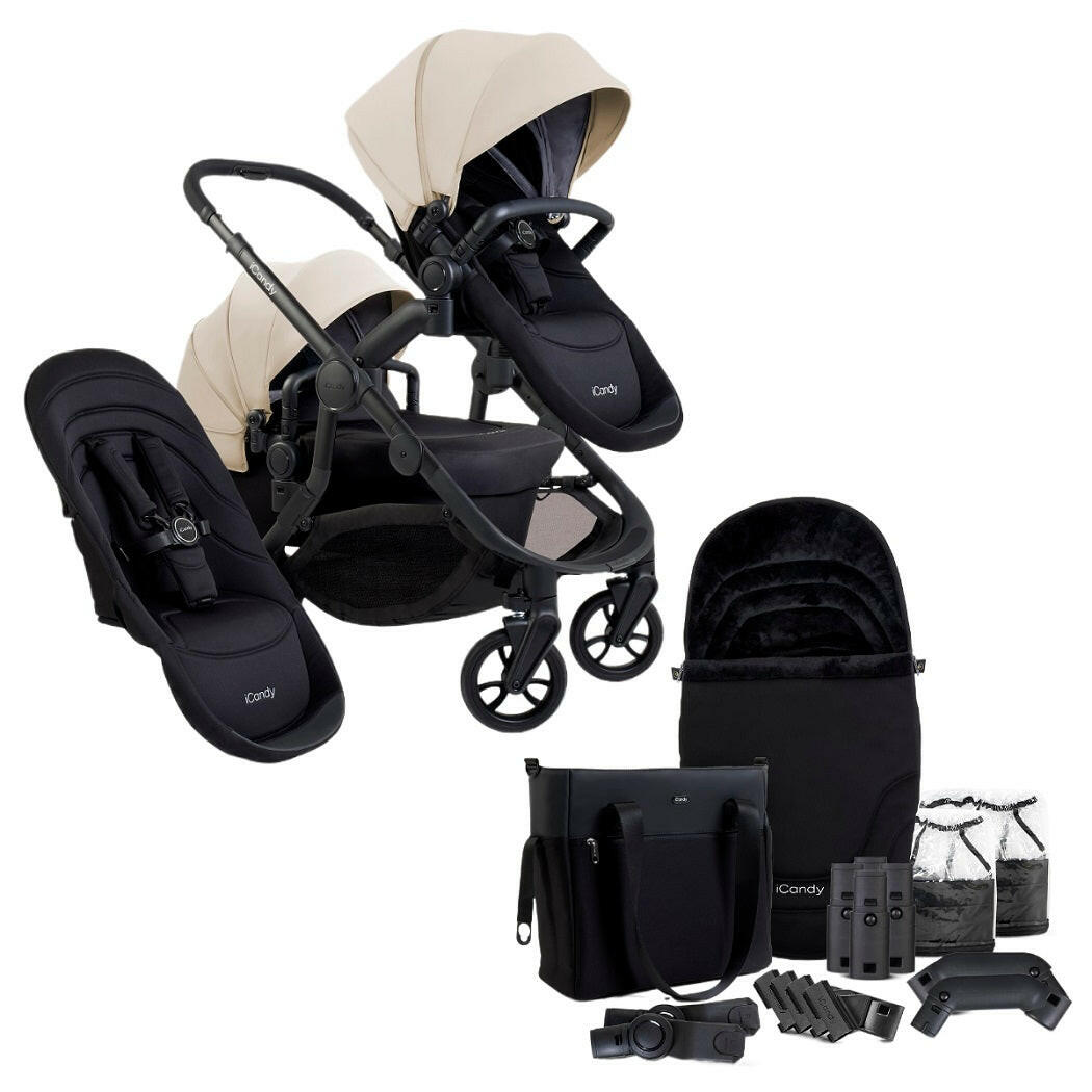 iCandy Orange 4 Double Bundle - Latte - showing the pram pushchair with second seat fabric and included accessories